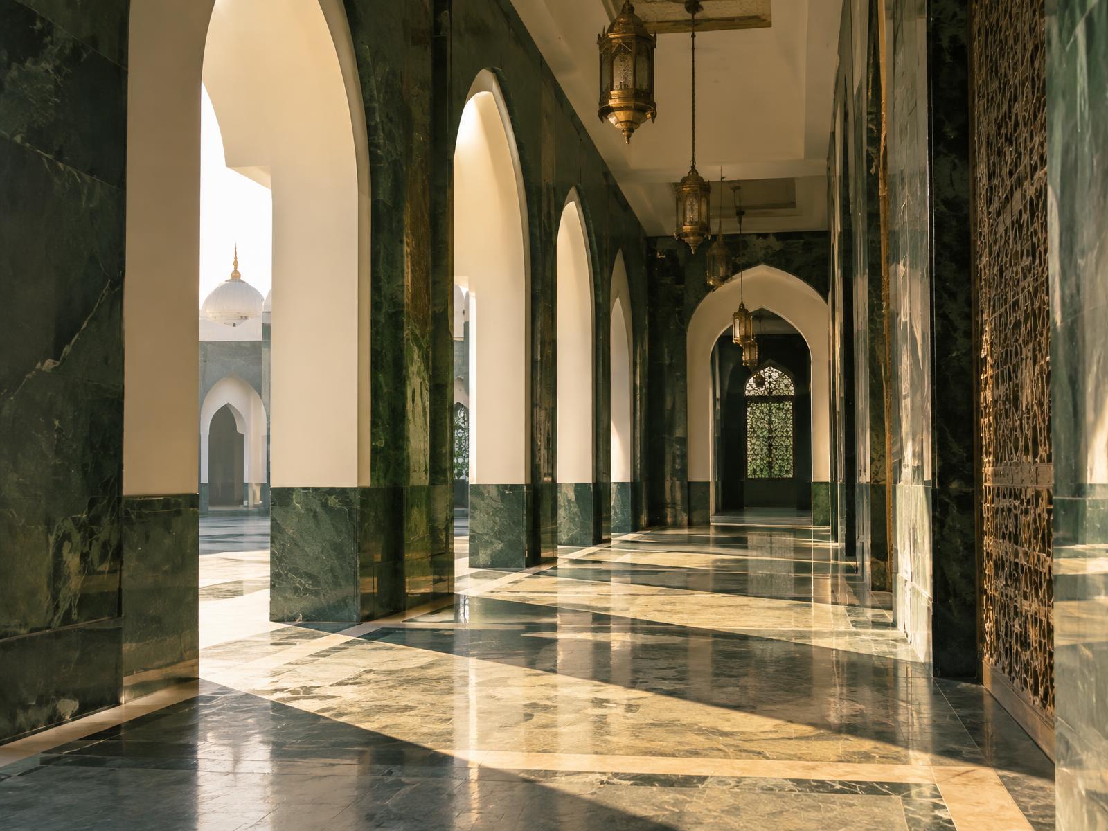 Corredor de arcos de uma mesquita iluminado pela luz da manhã