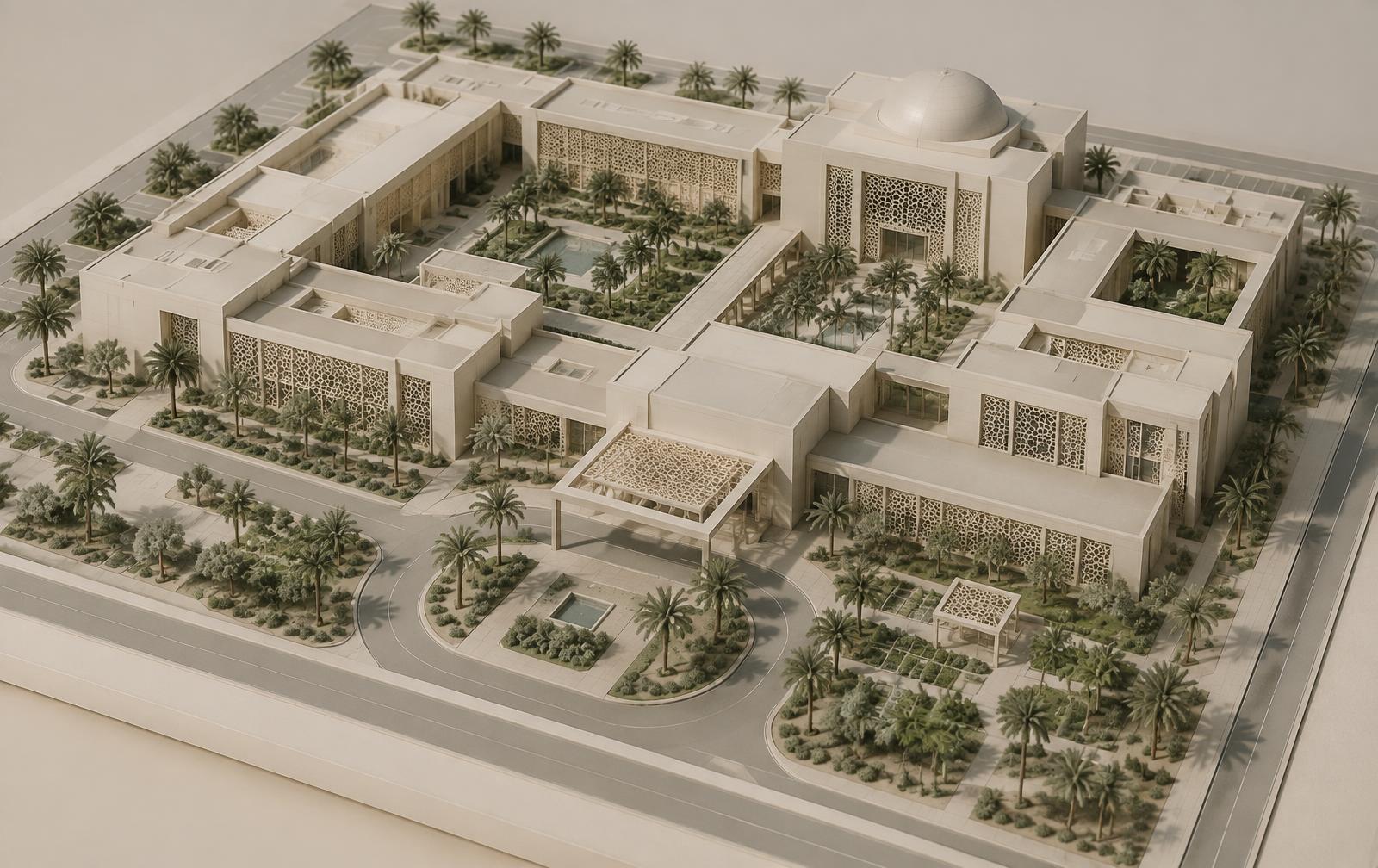 Maquete conceitual de um complexo hospitalar com pátios e fachadas em geometria islâmica